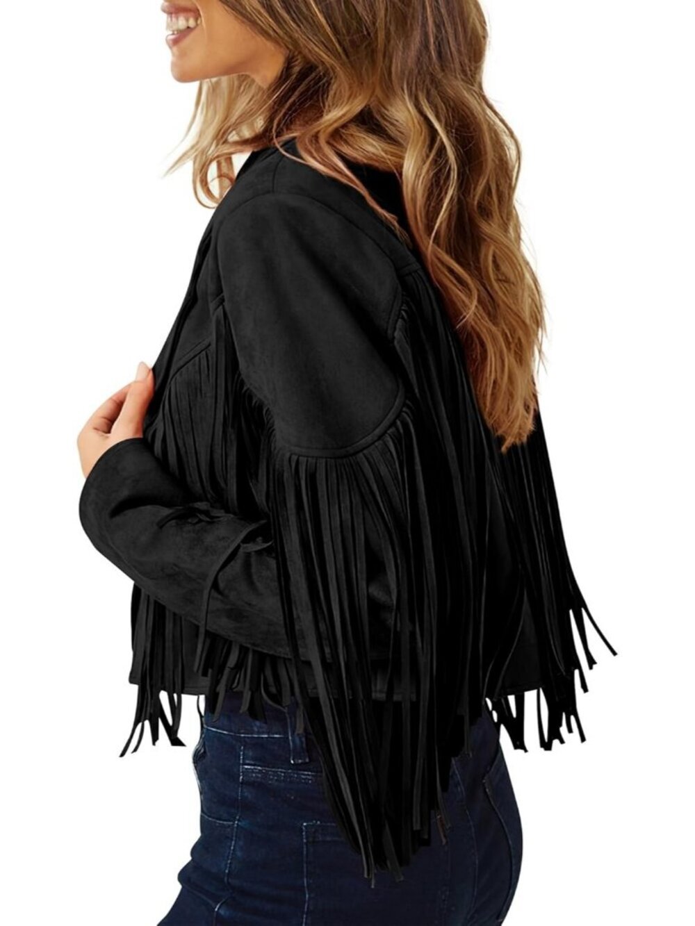 Women's Black Polyester Blend Faux Suede Leather Motorcycle Cropped Jackets - Picture 5 of 6